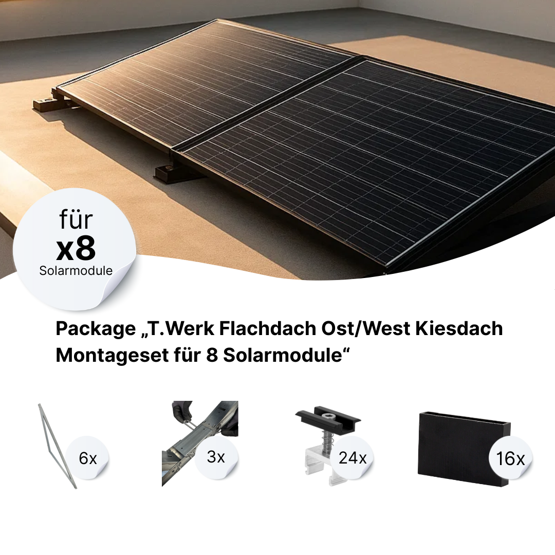 T.Werk Flachdach Ost/West Montageset für 8 Solarmodule – 2 Reihen à 4 Module (TRITON System)