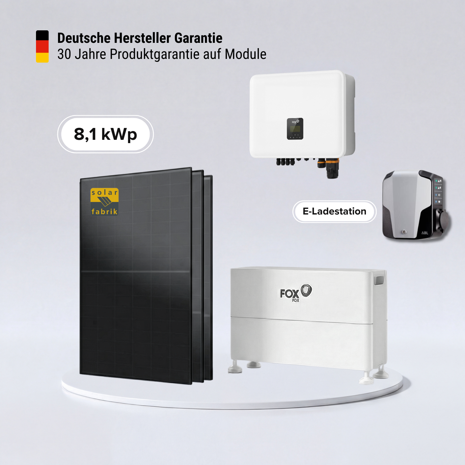 Solarkomplettpaket 8,1 kWp – Solarfabrik Full Black-Module – Fox ESS EQ3300 Speicher 6,4 kWh – Fox ESS H3-8.0 Smart Wechselrichter inkl. E-Auto-Wallbox
