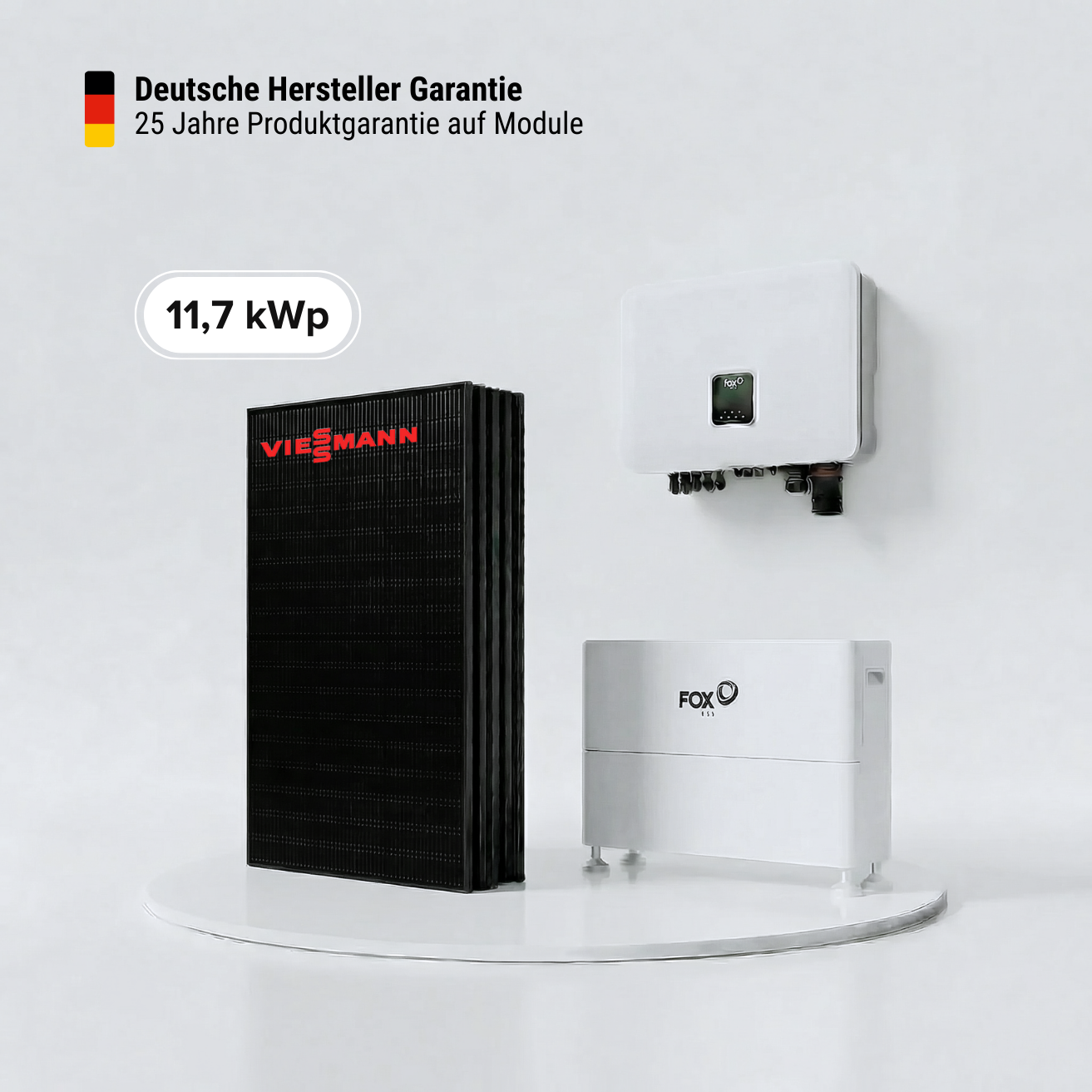 Solarkomplettpaket 11,7 kWp – Viessmann 450 W – Fox ESS 4100 Speicher 12,3 kWh – Fox ESS H3-12.0 Wechselrichter