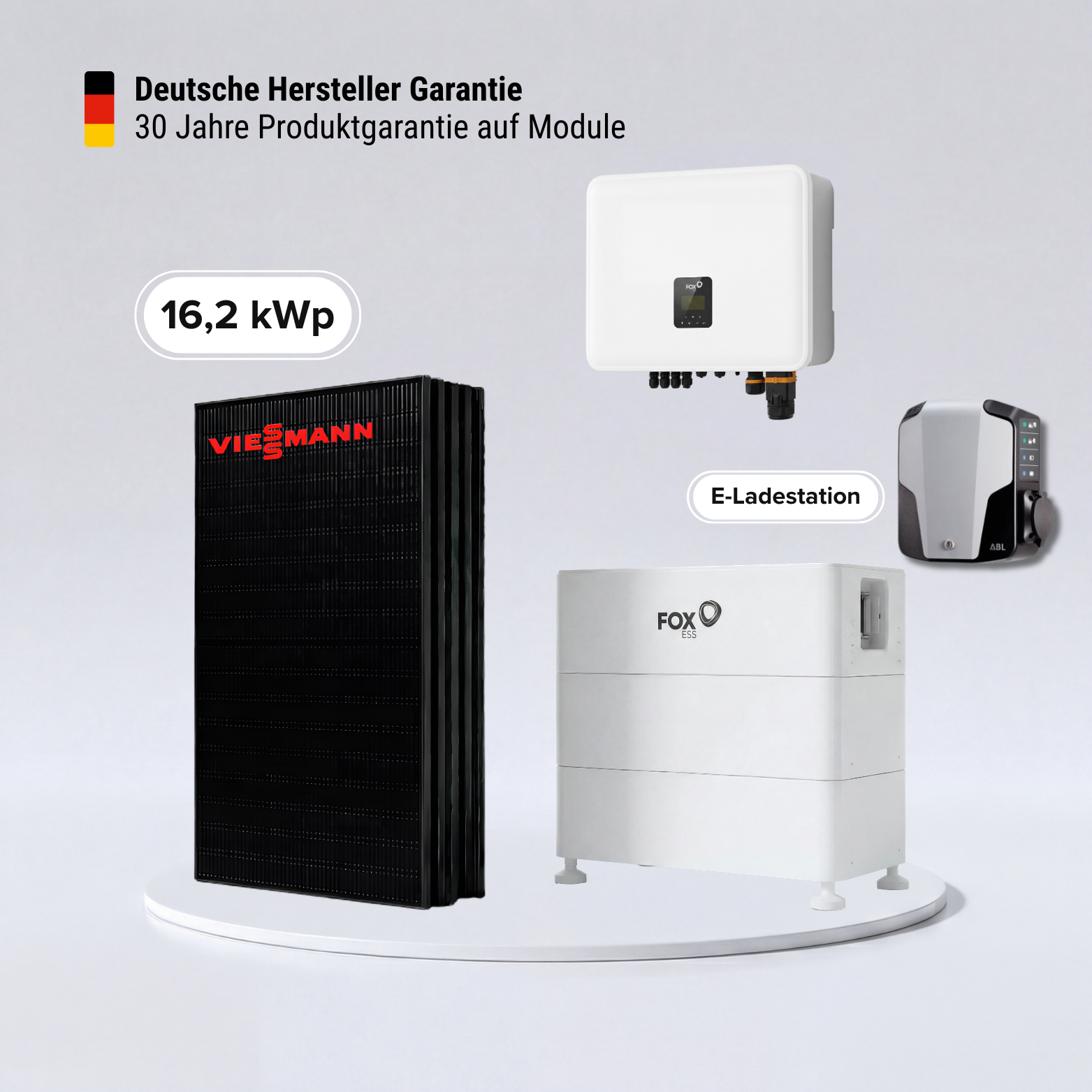 Solarkomplettpaket 16,2 kWp-Viessmann Black-Modulen -FOX ESS 12,3 kWh Hochleistungsspeicher- FOX ESS H3-15,0 Pro Wechselrichter inkl. E-Auto-Wallbox