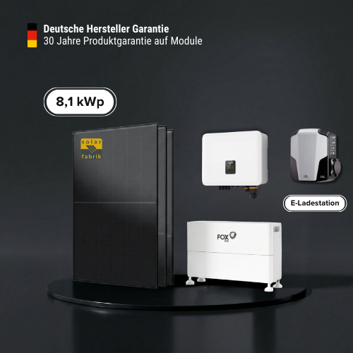 Solarkomplettpaket 8,1 kWp mit Fox ESS EQ3300 Speicher 6,4 kWh inkl. E-Auto-Wallbox
