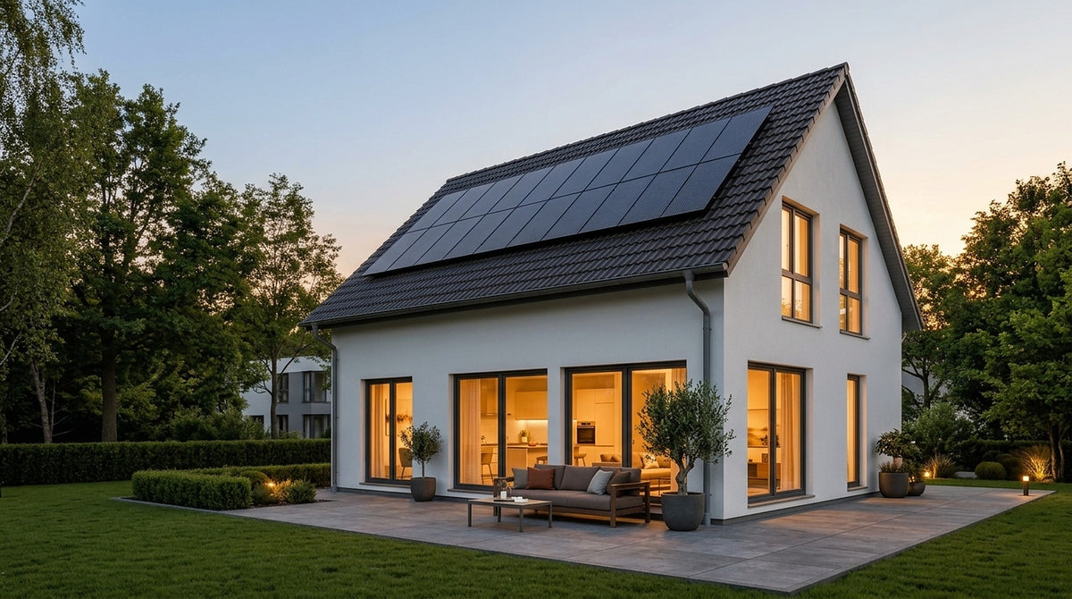 Einfamilienhaus mit Photovoltaikanlage auf dem Satteldach in der Abenddämmerung